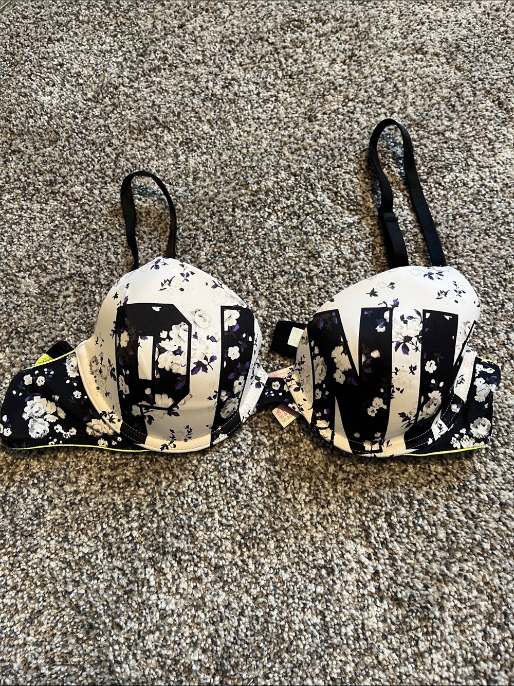 PINK Victoria's Secret Floral Logo Push-Up Bra in White and Black